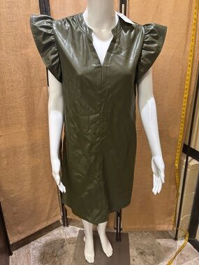 THML Olive Faux Leather Puff-Sleeve Shift Dress